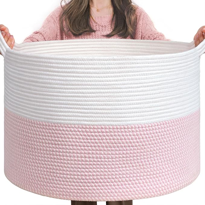 INDRESSME XXXLarge Woven Rope Blanket Basket Living Room Pink, 90L | Pink room by INDRESSME