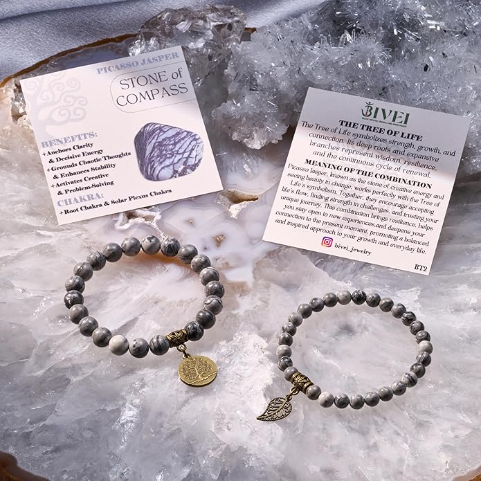 Bivei Natural Semi Precious Gemstone beads bracelet for women - Life Tree and Leaf Charm Energy Reiki Crystal Stretch Bracelets