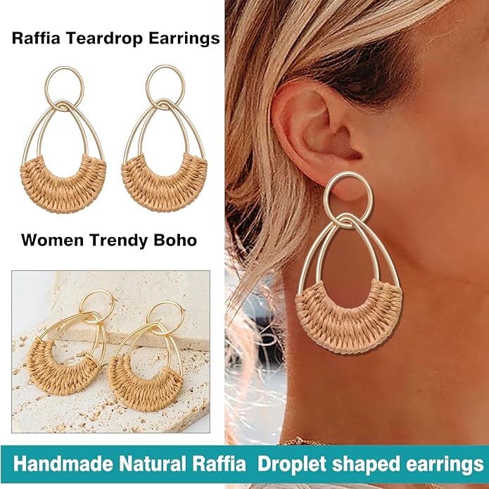 Raffia Hoop Earrings for Women Fun Boho Summer Beach Earrings Lightweight Handmade Straw Wicker Rattan Dangle Earrings Statement Geometric Round Drop Earrings