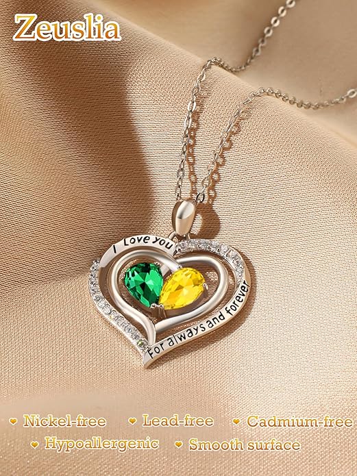 Valentine's Day Gifts for Wife 925 Sterling Silver Double Birthstone Pendant Necklaces I Love You for Always and Forever Necklace Anniversary Birthday Gifts for Wife Girlfriend Mom Her
