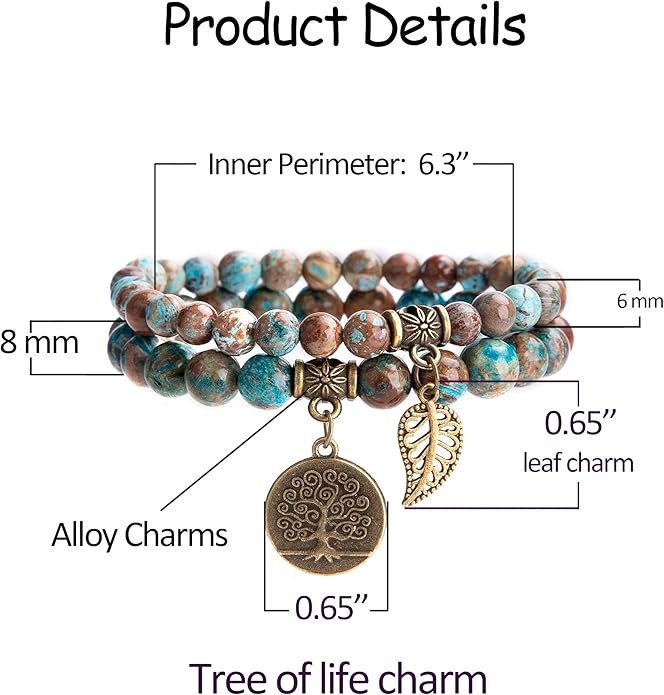 Bivei Natural Semi Precious Gemstone beads bracelet for women - Life Tree and Leaf Charm Energy Reiki Crystal Stretch Bracelets
