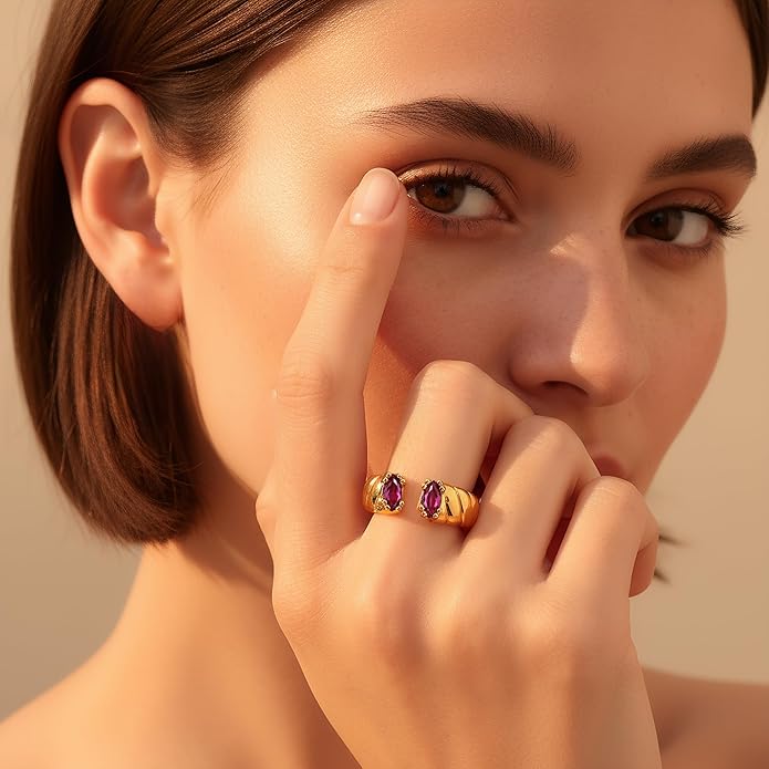 Chunky 18K Gold Adjustable Statement Ring for Women - Green Marquise Crystal Open Band, Vintage-Inspired Luxury Gift