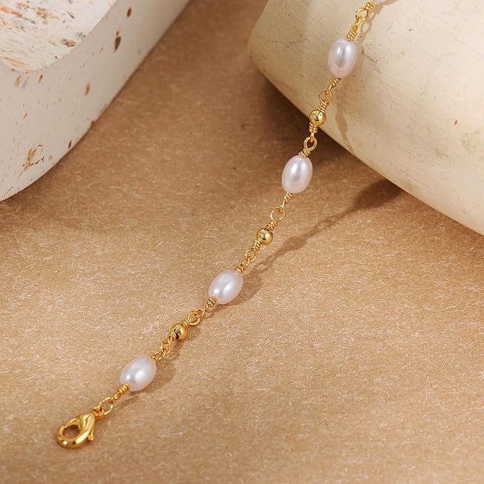 SLOONG Valentines Day Gifts for Her Gold Pearl Bracelets, 18K Real Gold Plated Dainty Stackable Snake Chain CZ Heart Pendant Bracelets, Layered Waterproof Jewelry Gift for Women Adjustable 6"+2"