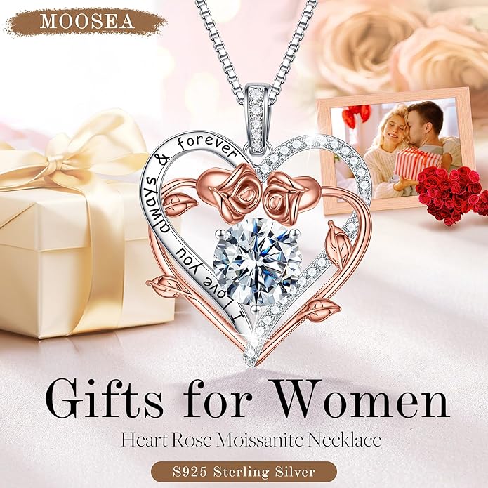 MOOSEA Valentines Day Gifts for Wife Mom - S925 Sterling Silver 1-3 ct D Color VVS1 Clarity Moissanite Necklace, Anniversary Birthday Gift for Her