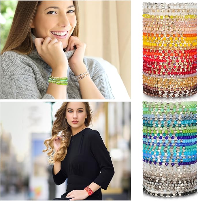 Kigeli 60 Pcs Bohemian Beaded Bracelets for Women Stackable Multi Layer Statement Sparkly Bulk Colorful Boho Crystal Stretchy Bracelet Set Jewelry Gifts