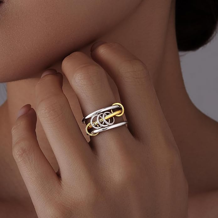 Gelbesty Stackable Gold Silver Band Rings for Women, Statement Chunky Cubic Zirconia Rings, Fashion Unique Designer Mixed Metal Jewelry Size 5/6/7/8/9/10/11