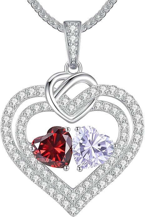 LOUISA SECRET Sparkling Double Heart Birthstone Necklaces for Women, 925 Sterling Silver Fine Jewelry, Pendant Heart Necklaces Birthday Anniversary Christmas Gift for Women Wife Mom Girlfriend Lady