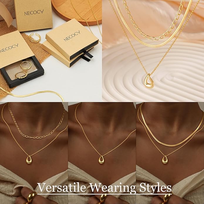 NECOCY Valentine's Day Gift 14k Gold/Silver Plated Layered Gold Necklaces for Women, 3Pcs Dainty Herringbone Choker Set, Trendy Stack Simple Chain Layering Pendant Jewelry