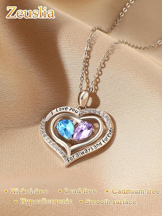Valentine's Day Gifts for Wife 925 Sterling Silver Double Birthstone Pendant Necklaces I Love You for Always and Forever Necklace Anniversary Birthday Gifts for Wife Girlfriend Mom Her