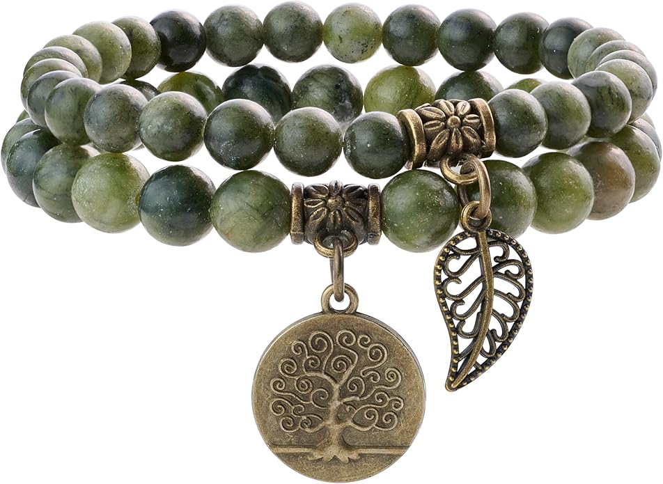 Bivei Natural Semi Precious Gemstone beads bracelet for women - Life Tree and Leaf Charm Energy Reiki Crystal Stretch Bracelets