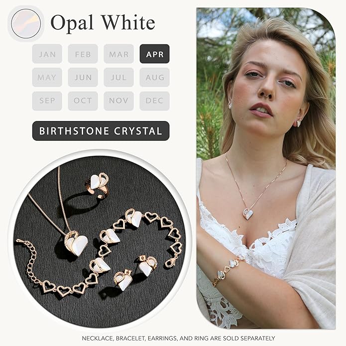 Leafael Rose Gold Plated Necklace for Women: Heart Shaped Birthstone/Healing Crystals Center, Dazzling Cubic Zirconia, Hypoallergenic Chain (18"+2"), Jewelry Gifts for Anniversaries and Birthdays