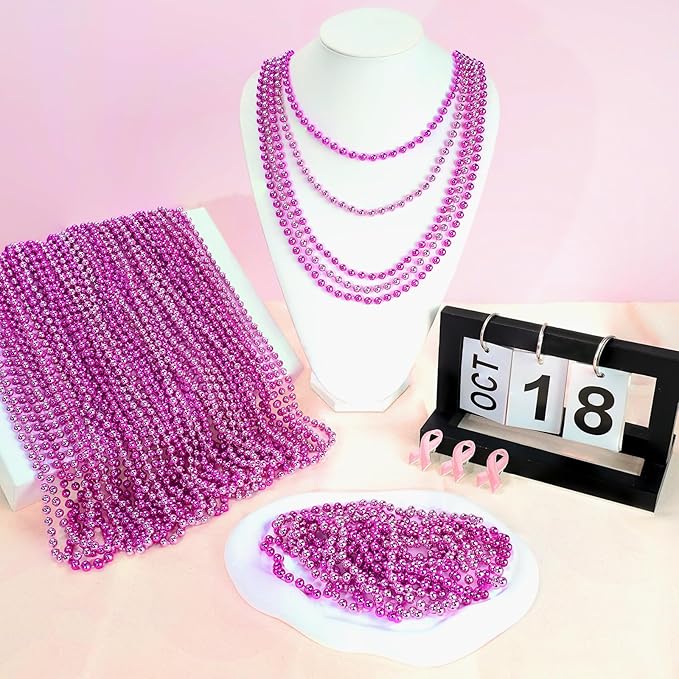 SHAOQINLIN 100 PCS Breast Cancer Awareness Necklaces, Hot Pink Bead Necklace, 33" Breast Cancer Awareness Bead Necklaces Accessories for Parade Throw Supplies