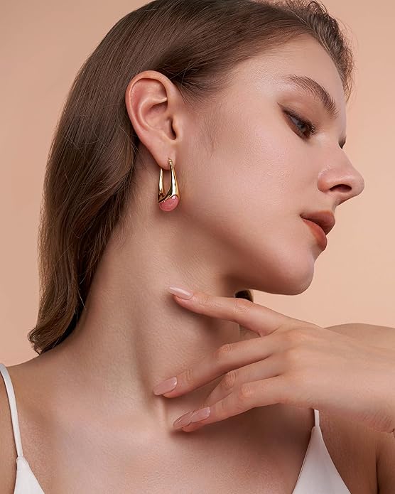 Long Oval Chunky Dangle 18K gold plated Hoops with Colored Resin Gemstone Statement Earrings for Women by SNGIA, (Green, Brown, Blue, Pink, White, Cream), Bold Drop Handmade Exaggerated Irregular Trendy Bohemian Jewelry Gifts, Unique Dangling Teardrop ...