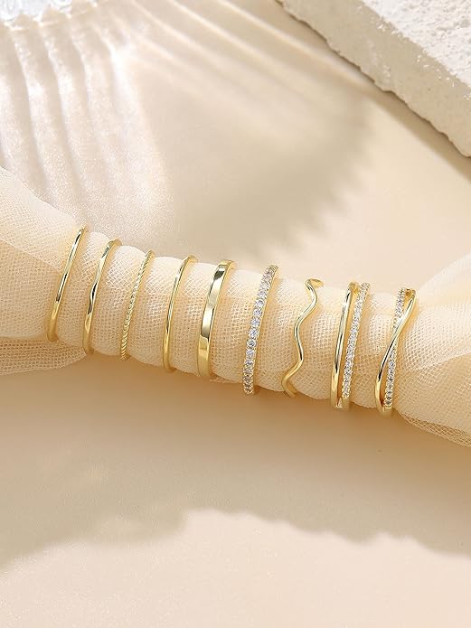 Tungary Gold Stackable Rings for Women Non Tarnish Open Adjustable Thin Thumb Silver Rings 14K Gold Plated Stacking Cubic Zirconia Knuckle Pinky Ring Set Dainty Statement Promise Wedding Band Ring