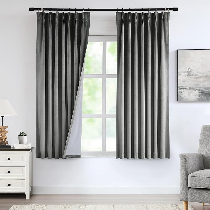 Vision Home Pewter Gray Velvet Pinch Pleated Blackout Curtains 40Wx63L Inch | 2 by VisionHome