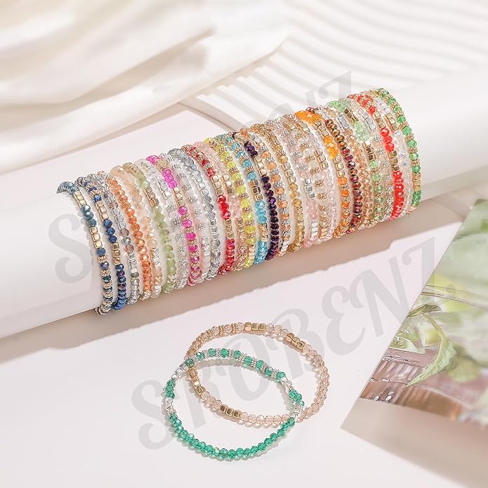 30Pcs Boho Beaded Bracelets for Women Colorful Stackable Sparkly Crystal Beads Bracelets Multi-Layer Versatile Statement Bracelets Stretch Cuff Jewelry Gifts