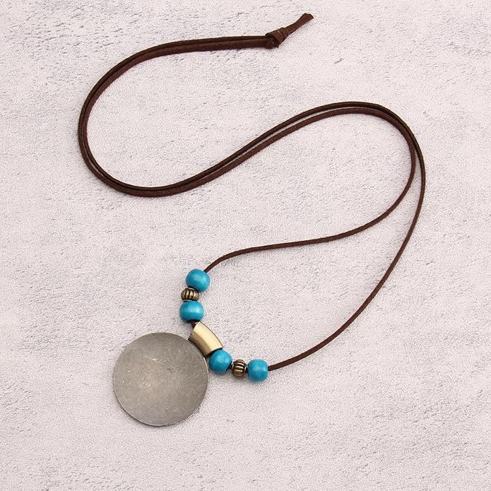 GelConnie Boho Necklaces for Women Vintage Silver Circles Long Pendant Necklace Cowgirl Sweater Necklace Adjustable Leather Choker Necklace for Women