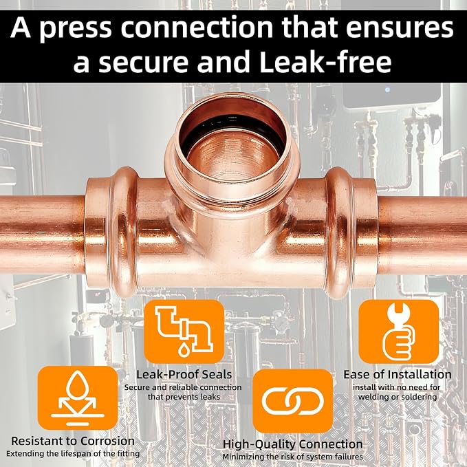 1" Copper Press Fittings Tee for Copper Pipe, 5 Pack | Lead-free copper - Image 3