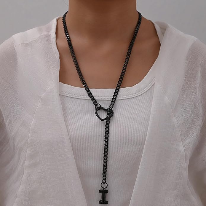 Black Heart Slip Chain Initial Necklaces for Women,Stainless Steel O-Ring Adjustable Lariat Heart Y-Necklace,Punk Gothic Cuban Collar Choker Necklace for women