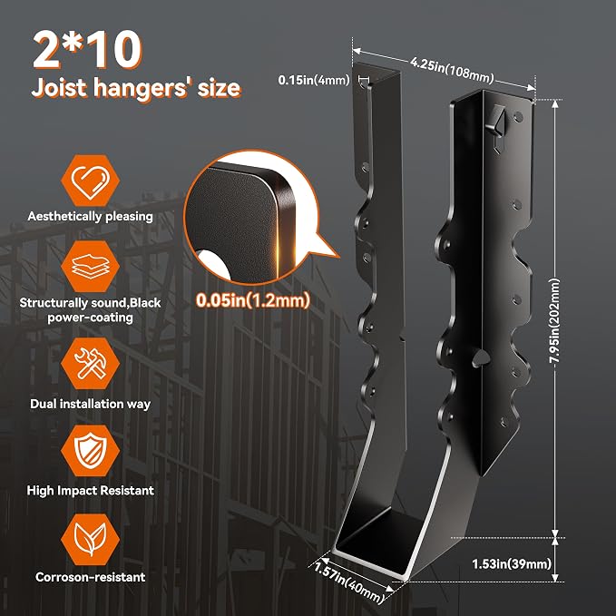 50 Pcs Black Joist Hangers 2X10, 18 Gauge Rafter Brackets, Hurricane Straps - Image 4