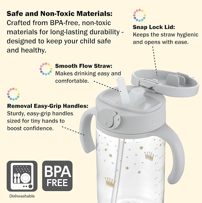 Richell On-the-Go Sippy Cup with Silicone Straw and Removable Handles, 10 oz, Easy Grip for Infant-Toddlers Sparkle Crown, Light Gray