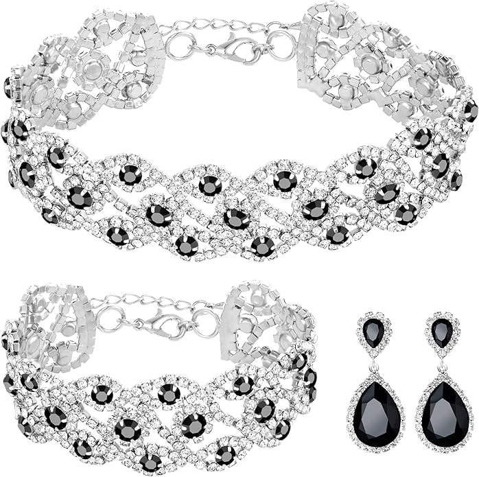 3/4 Pieces Women Jewelry Set Artificial Rhinestone Crystal Bride Statement Choker Necklace Tiara Crown Link Bangle Bracelet Teardrop Dangle Earrings Set