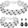 3/4 Pieces Women Jewelry Set Artificial Rhinestone Crystal Bride Statement Choker Necklace Tiara Crown Link Bangle Bracelet Teardrop Dangle Earrings Set