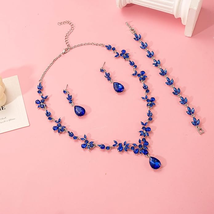 Bridal Wedding Elegant Floral Jewelry Set for Women/Brides/Bridesmaids Crystal Jewelry Set for Wedding Prom Party Bridal Crystal Necklace Earrings Bracelet Set
