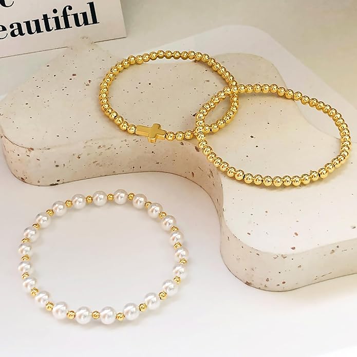 Zeffy Gold Pearl Beaded Bracelet for Women, 14K Gold Plated Jewelry Set With Paperclip Link Chain, Trendy Stack Bracelets