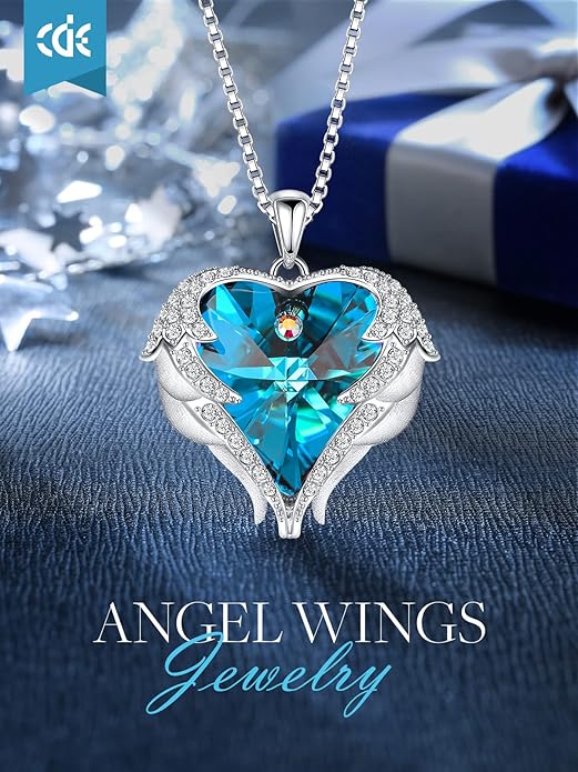 CDE Valentines Day Gifts for Women Angel Wings Necklace for Women with Birthstone, Love Heart Silver Tone/Gold Tone Pendant, Ideal Anniversary or Birthday Jewelry Gifts for Wife Girlfriend Her
