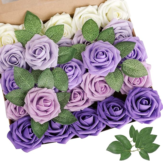 AmyHomie Purple Rose 25pcs Real Looking Artificial Flowers w/Stem | Bouquet by AmyHomie