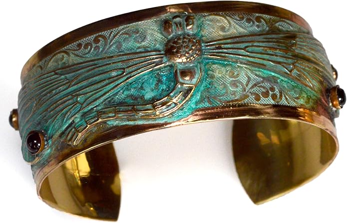Elaine Coyne Collectible Artwear Verdigris Patina Solid Brass Decorative Dragonfly Cuff - Genuine Garnet