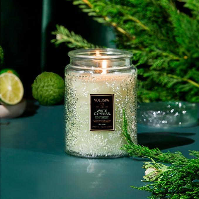 Voluspa White Cypress, Large Candle Jar, 18 Ounce, 100 Hour Burn Time, & - Image 2
