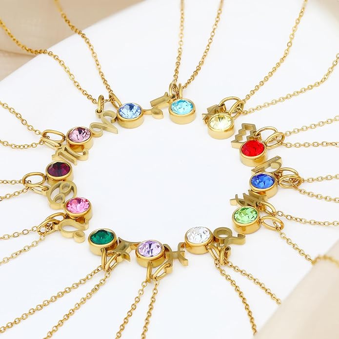 MISS RIGHT Initial Birthstone Necklace for Women - Personalized Gifts Birthday Gifts for Women Stainless Steel 18K Gold Plated Dainty Gold Zodiac Sign 12 Constellation Horoscope Necklace Jewelry