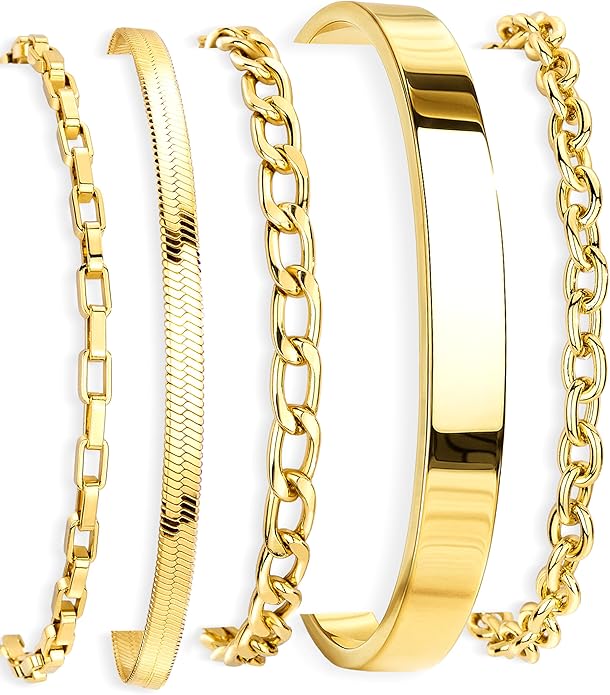 Gold Bracelets Set for Women Stack, Dainty Thick Bracelets Stack for Women Trendy, Simple Thin Gold Plated Cuff Stackable Bracelets With Beaded Cuban Paperclip Snake Rope Bangle Hand Chain Jewelry Gifts for Women Non Tainish