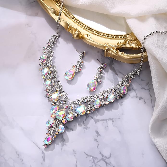 BriLove Women's Wedding Bridal Austrian Crystal Teardrop Flower Cluster Statement Necklace Dangle Earrings Jewelry Set for Party Prom