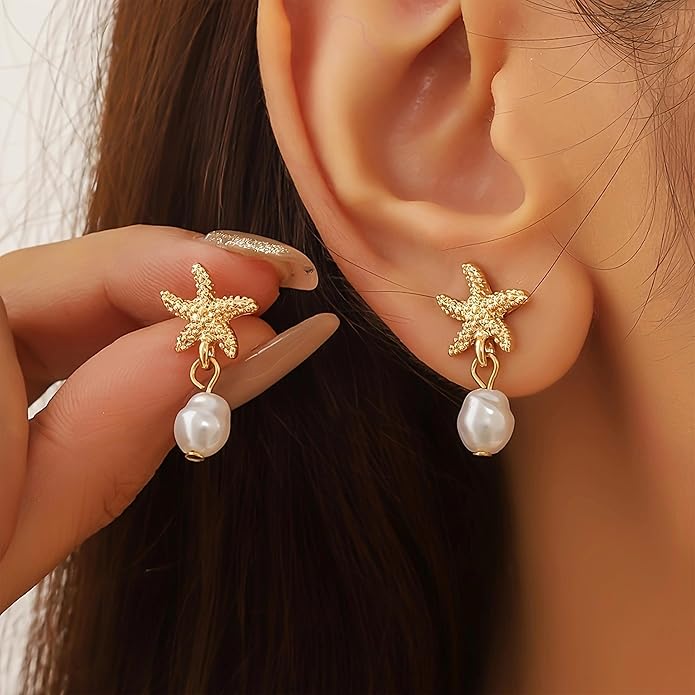 Seashell Starfish Earrings Beach Jewelry for Women Pearl Drop Shell Earrings Ocean Beachy Fashion Accessories Womens Summer Outfits 2026 Tropical Vacation Outfits Beach Vacation Clothes Dresses