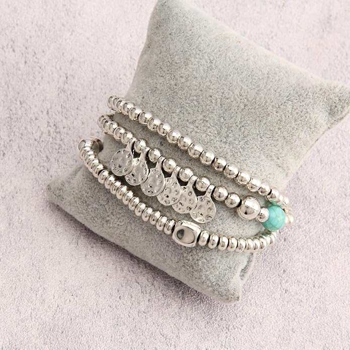 Gold Cuff Bracelet for Women Silver Beaded Bracelets Open Bangle Stackable Stretch Bead Bracelet Boho Jewelry Gifts for Wife Couple