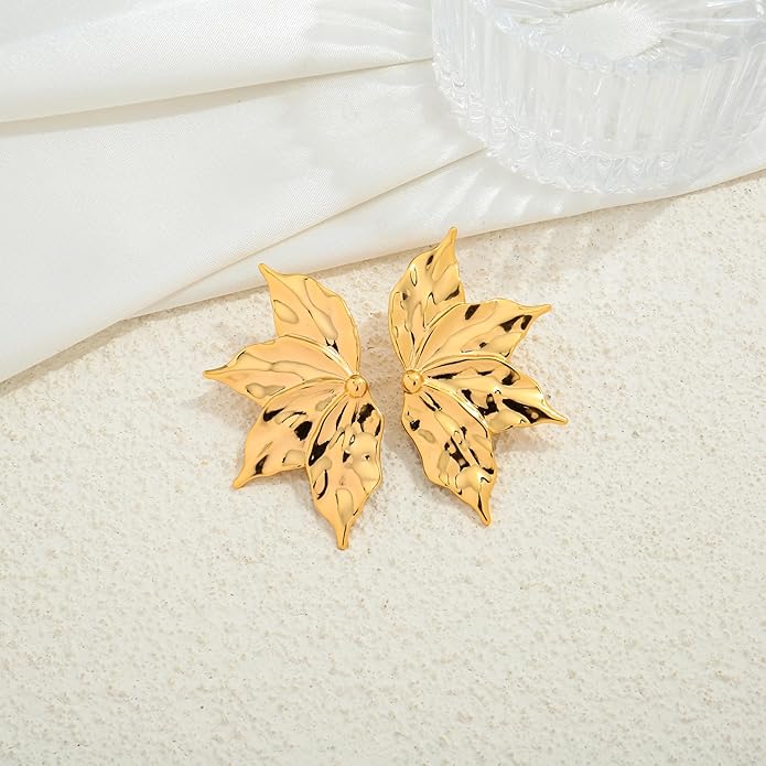 Chunky Gold Statement Earrings For Women Gold Plated Sectored Flower Leaf Shell Angel Wing Earrings Trendy Boho Jewelry For Women Large Stud Earrings Hypoallergenic Earrings