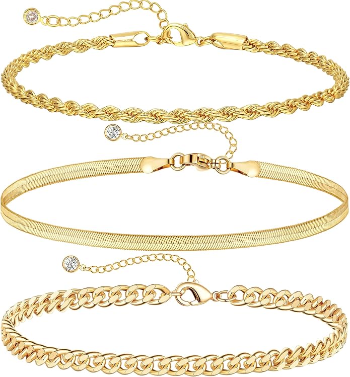 DEARMAY Dainty 14K Gold Plated Ankle Bracelets for Women, Waterproof 14K Gold Plated Link Chain Anklets Non Tarnish Set Pack Summer Beach Jewelry Gift