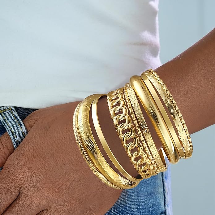 ÌF ME Gold Bangle Bracelets for Women, Indian Bangles Stackable Set, Multi Layer Textured 14K Gold Plated Chunky Bracelets Boho Jewelrys Set