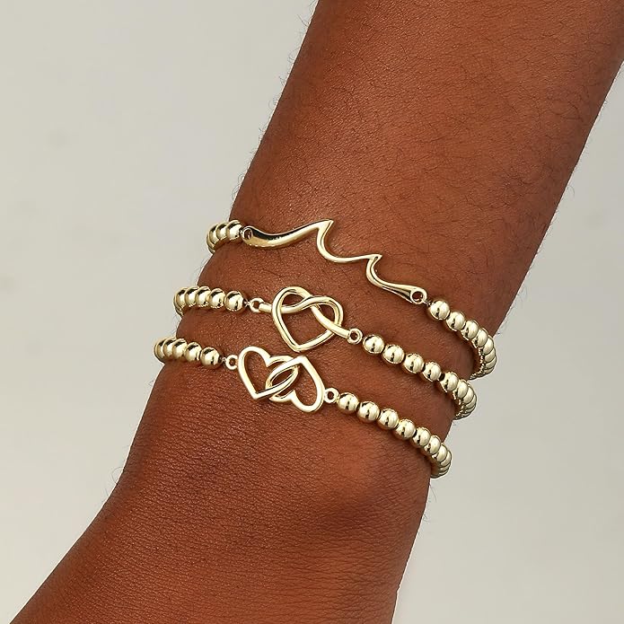 Valentines Day Gifts for Women Her - Beaded Stretch Handmade Ball Bracelets Cute Charm Bracelet Dainty Stackable Cross Heart Bow Wave CZ Jewelry Gifts Trendy Stuff