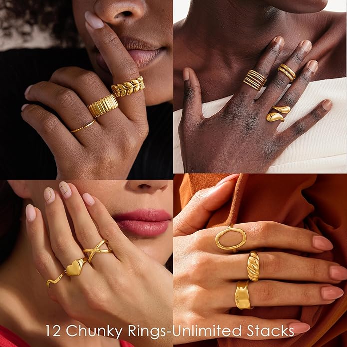 YOOSTEEL Valentines Day Gifts for Her Womens Chunky Gold Rings - 12 PCS Hypoallergenic 14K Gold Plated Thick Stackable Open Rings for Women Non Tarnish Dainty Gold Adjustable Ring Stack Set Trendy Jewelry
