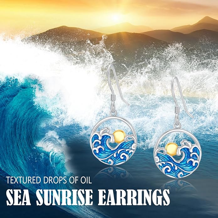 Wave Earrings Women 925 Sterling Silver Ocean Wave Dangling Earrings Sunrise Earring Ocean Jewelry Beach Gifts for Women