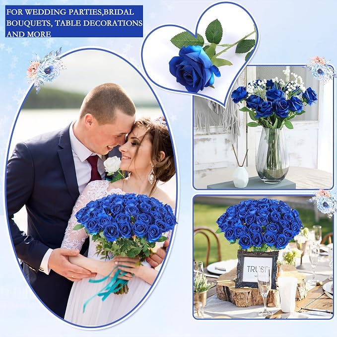 Hananona 50 Artificial Roses in Bulk, Fake Silk Roses Realistic Blue Roses - Image 5