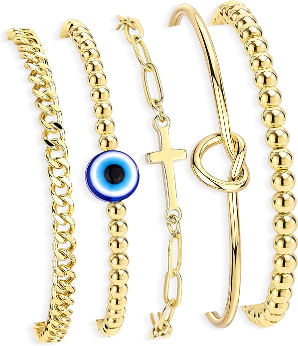 Gold Bracelets Set for Women Stack, Dainty Thick Bracelets Stack for Women Trendy, Simple Thin Gold Plated Cuff Stackable Bracelets With Beaded Cuban Paperclip Snake Rope Bangle Hand Chain Jewelry Gifts for Women Non Tainish