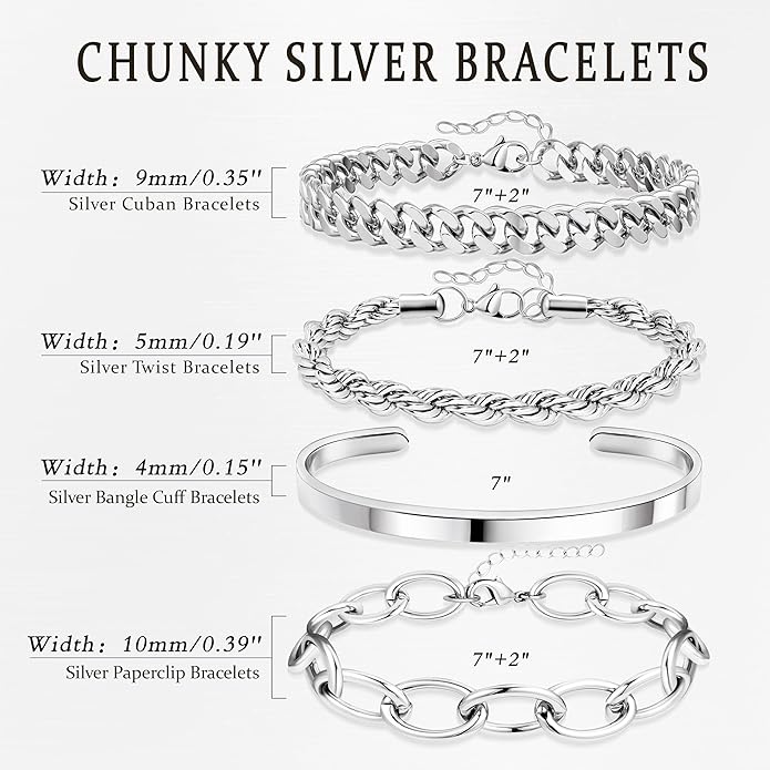 Chunky Gold Bracelets Stack for Women Non Tarnish, Waterproof 14K Gold Plated Bangle Cuff Bracelets Set for Women Trendy Thick Layered Cuban Link Chain Paperclip Rope Stackable Bracelet for Jewelry Gifts