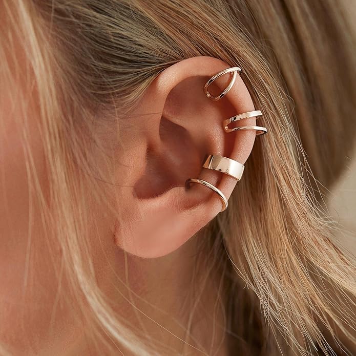 CHIC & ARTSY 925 Sterling Silver Ear Cuffs for Women, Non Piercing Clip On Cartilage Cuffs, Adjustable Fake Conch & Helix Earrings, Gold Plated & Oxidized Various Styles