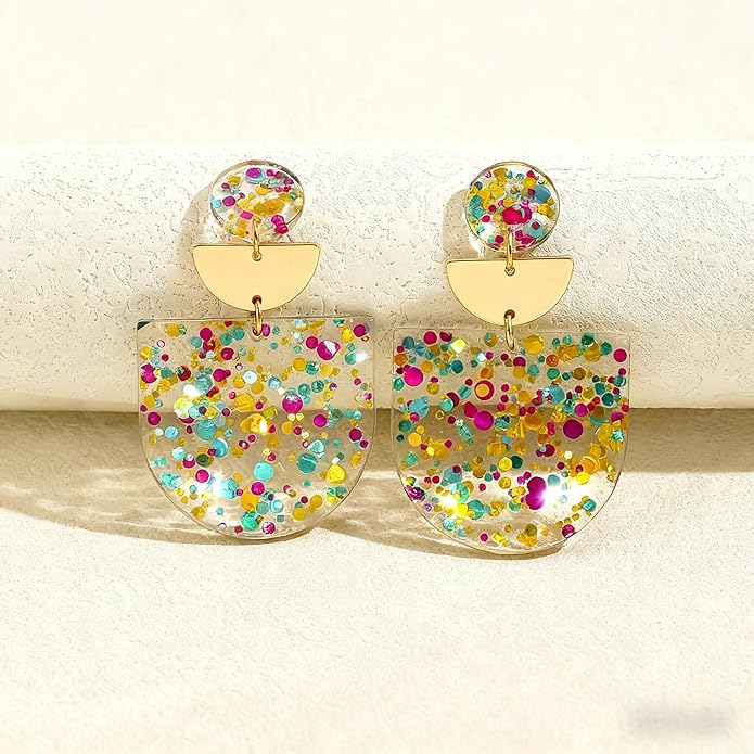 Women's Multicolor Confetti Acrylic Earrings - Boho Geometric Half Moon Dangle Earrings, Funky Neon Sparkly Statement Earrings for Summer Party & Daily Wear