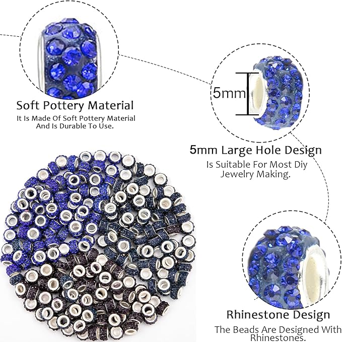 200 Pieces Large Hole Rhinestone European Beads for Pens Making - Royal Blue Lampwork Spacer Beads for Fairy Garden, DIY Bracelet, Necklace, Earring Jewelry Making Supplies